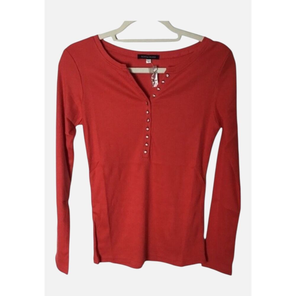 Boston Proper Red Rhinestone Button Henley Long Sleeve Cotton Top NWT Size S